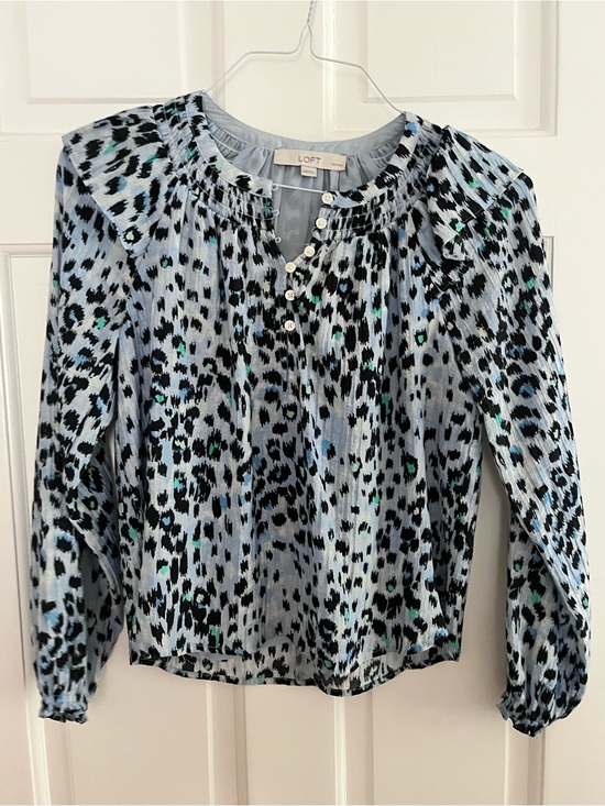 LOFT Tops - LOFT Blue and Black Leopard-Print Button Henley Blouse